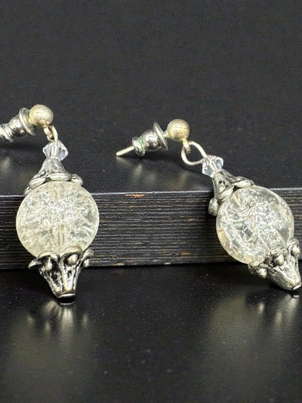 Vintage Silver Tone Pierced Earrings Dangling Crackled Glass Bead Pendant *read*